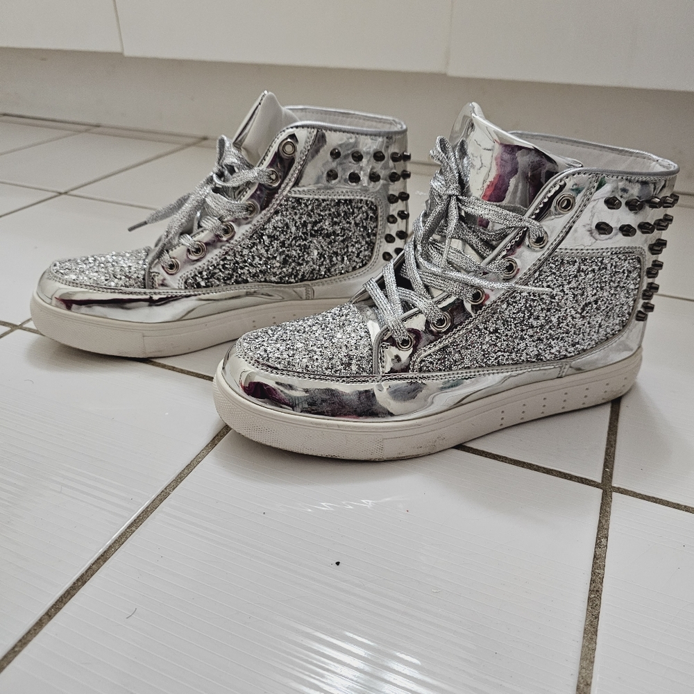 Women's High Top Sneakers, Silver Studded, Size 8 US
